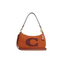 COACH Teri C pattern iconic logo charm plush zipper closure sheep and cow leather hand-held shoulder bag medium size women's dark orange ruda