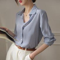 Korean Style Office Lady Blue Striped Spring Summer Fashion All-match Blouse Long Sleeve Turndown Collar Loose Casual Shirt L mėlyna