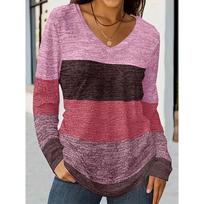 Spring and Autumn V-neck 3D Color Block Striped Printed Top Fashionable Casual Long Sleeved Women's T-shirts 5XL