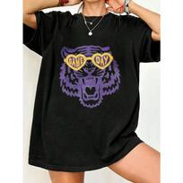 Per dydžio T-shirt Juoda Violetinė Tigro Su Širdies Akiniais Žaidimo Dienos Spaudinys Laisvalaikio Drabužis Moterims S juoda