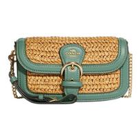 COACH shoulder bag Kleo 19 straw rattan green and environmentally friendly cowhide leather clutch wrist crossbody small size women's khaki color mėlyna