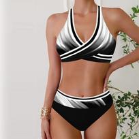 Moteriški maudymosi kostiumėliai Tankini 2 dalių maudymosi kostiumėlis, juodos ir baltos spalvos juostelės atostogų maudymosi kostiumėliai S juoda