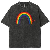 Cartoon Funny Style Rainbow Cat Print Women's T-Shirt Fashion Simple And Cute Short Sleeve Wash Loose Retro Crew Neck S