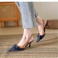 Sling Women's Shoes Pointed Toe Heels Denim Bow Sandals Women Slingback Dress Party Fashion Heeled Sandals Summer Pumps Slides 35 tamsiai mėlyna spalva