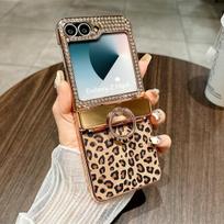 Galvanizavimo vyrio apsauginis žiedas telefono dėklas, skirtas Samsung Galaxy Z Flip 6 5 4 3 Flip6 Flip5 Flip4, su leopardo rašto odiniu dangteliu For Samsung Galaxy Z Flip6