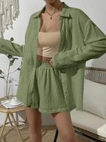 Cotton Gauze Muslin Sets for Women 2 Pieces Long Sleeve Shirts and Loose High Waist Mini Shorts Sets Ensemble Femme S armijos žalia spalva