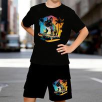 Boys 2 Piece French Bulldog Skateboarding Printed Outfit, Short Sleeve T-Shirt and Shorts Set for Kids Age 5-14,white Sporty Casual Summer Clothes 5-6 Years juoda