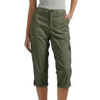 Women's High Waist Cargo Capri Pants with Multiple Pockets Adjustable Hem Button Closure Casual Fit Durable Fabric L armijos žalia spalva
