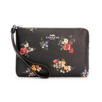 COACH Corner Zip 16 Flower Print Leather Mahjong Bag Coin Purse Wrist Clutch Small Women Black juoda