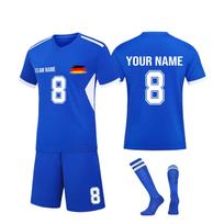 Men Soccer Uniform Set Short Sleeve Jersey and Shorts with Breathable Fabric and Matching Long Socks for Sports Teams Training 2XL mėlyna