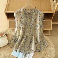 Summer new style fungus collar sleeveless printed fashionable age-reducing shirt retro literary loose versatile floral top for women S chaki