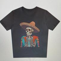Black Cotton T-Shirt Skeleton Sombrero Graphic Halloween Day of the Dead S įvairiaspalvis