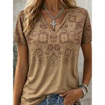 Women's Boho Bandana Print V-Neck T-Shirt, Casual Short Sleeve Tops, Ethnic Style Daily Wear for Spring & Summer S