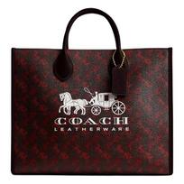 COACH handbag Ace 35 Logo Carriage Pattern Print Coated Canvas and Calfskin Tote Bag Tote Bag Shopping Bag Shoulder Large Women's Brass and Purple Red raudona