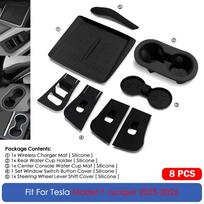 8Pcs Wireless Charging Silicone Pad For TESLA Model Y Launch 2025 2026 Cup Holder Steering Wheel Lever Shift Cover Accessories