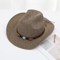 Straw Cowboy Hat with Turquoise Beaded Band Lightweight Breathable Western Sun Hat for Outdoor Beach Rodeo UPF Sun Protection 55-57cm