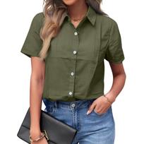 Women’s Short Sleeve Button Down Shirt Collared Relaxed Fit Casual Top Lightweight Fabric Summer Blouse L armijos žalia spalva