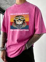 Cat Make Echo Oscar Whisky Prints MenS Washed TShirt Summer Loose Short Sleeve ONeck Cotton Streetwear Gym Casual T Shirts S