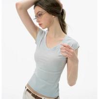 ICH MODE Women's V-Neck Slim Fit Short Sleeve T-Shirt L avižų spalva