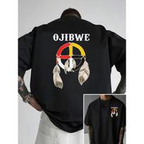 European Size Men's Native American Ojibwe Anishinaabeg Medicine Wheel Graphic T-Shirt - Moisture-Wicking Retro Cultural Design with Feather S juoda