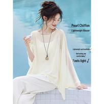 Women's Elegant Draped Summer Cover-Up Shirt M abrikos spalvos ilgomis rankovėmis