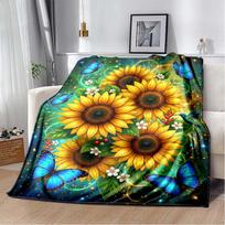 Sunflower & Blue Butterfly Print Flannel Blanket, Starry Sky Background Cozy Throw 80cm x 120cm
