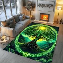 Tappeto dell'albero della vita, Tappeto verde smeraldo, Tappeto per aree botaniche, Tappeto con dettagli dorati, Tappetino per decorazioni naturali 40cm x 60cm