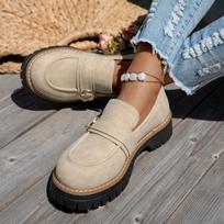 Moteriški platūs bateliai su sagtimi, platforminiai žemi loaferiai, britiško vintažinio stiliaus slip-on batai moterims 36 smėlis