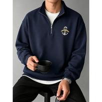 Casual Half Zip Stand Up Collar Sweatshirt with Nautical Anchor Print, Loose Fit, Versatile Autumn and Winter Men's and Women's Top S