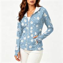 Women's Lightweight Zip Up Hoodie Long Sleeve Hooded Jacket with Pockets Floral Print Sun Protection Outerwear S mėlyna
