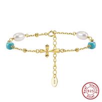 EFFIE QUEEN 925 Sterling Silver Simple Turquoise Choker Necklace with Natural Pearl Bead Chain Jewelry Gift Accessories MPN12