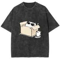 Summer Fashionable Cartoon Style Box Cat Short-sleeved Men's and Women's Washed Retro Hip-hop Casual Retro T-shirt S