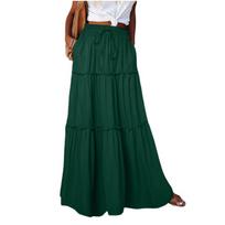 Women’s High Waist Tiered Maxi Skirt with Drawstring Elastic Waistband Lightweight Flowy Long Skirt for Casual Wear L žalia