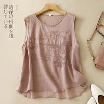 Elegant Camisole Cotton and Linen Embroidery Solid Color Women's Summer All-match Comfortable Loose Round Neck Top M
