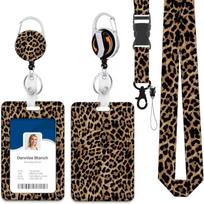 Retractable Badge Reel Leopard Print ID Card Holder with Lanyard Keychain Clip Vertical Card Sleeve for Nurse Medical black