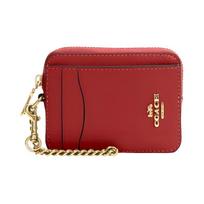 COACH Card Case 8 Zipper Chain Wrist Strap Pebbled Leather Coin Purse Card Holder Mini Women's Red raudona