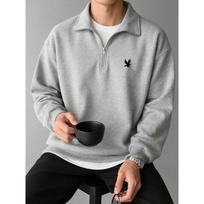 Eagle Logo Men's Half Zipper Sweatshirt, Minimally Stylish Printed Stand Up Collar Sweatshirt, Casual Long Sleeve Stand Up Collar Sweatshirt S pilka