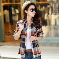 Spring Autumn  Ladies Plaid Shirts Lapel Slim Tops Checkered Shirt Women's Cotton Long Sleeve Top S