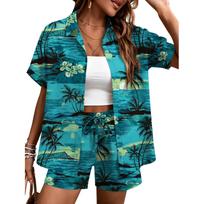 Women's 2 Piece Hawaiian Vacation Outfits Print Short Sleeve Shirts And Shorts Beach Sets Resort Wear L mėlyna