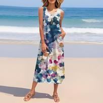 Women's Summer Vintage Floral Patchwork Print Dress Sleeveless Button Down Casual Loose Long Beach Sundress XXL