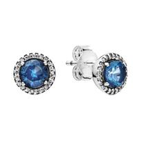 Pandora Mėlynos Kibirkščiuojančios Apvalios 925 Sidabro Auskarai Vėrimui Moteriški auskarai 296272C01 Box,Silver