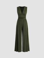 European Sleeveless Knit Jumpsuit with Loose Wide-Leg Pants Small armijos žalia spalva