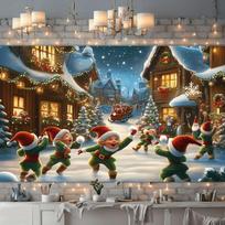 2D Christmas Elf Village Scene Backdrop, Cute Elves & Snowy Street Photography Background 47.2x31.5inch/120*80cm