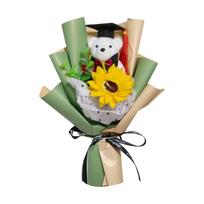 Graduation Teddy Bear Bouquet with Plush Toy Wearing Academic Cap and Gown Holding Artificial Sunflower Wrapped in Decorative Paper for Celebration One Size žalia