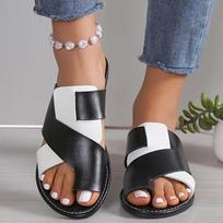 Women's plus size color block thong sandals, flat slip-on design with peep toe style, lightweight comfy construction for daily casual outdoor wear 36 balta
