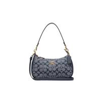 COACH shoulder bag Teri 25 classic old pattern jacquard zipper closure chambray fabric spelled cow leather armpit hand medium size women's denim blue mėlyna