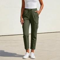 Women Casual Cargo Pants with Drawstring Waist Multiple Pockets Relaxed Fit Lightweight Trousers for Daily Wear L armijos žalia spalva