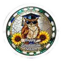 Round Acrylic Suncatcher Window Hanging Ornament Graduation Season Design with Owl and Sunflower Pattern Decorative Home Window Accent One Size
