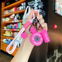 Fitness Series Detachable Barbell Plates Keychain with Simulation Dumbbells And Water Cup Keyring Creative Detachable Pendant rožinė