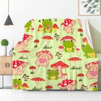 Animacinis varlės ir grybo pledas, meilutis, žalias gyvūno flanelinis užmetamas pledas visoms sezonoms, botaninis pliušinis minkštas lovos sofos pledas 70x100cm-XS
